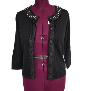 Women's Rafaella Black Beaded Collar 3/4 Sleeve Snap Close Cardigan - Size Large
